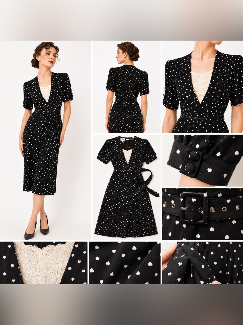 Vintage Karin Stevens Petites Size 10 Black White Heart Print Dress Belted Dress - Picture 2 of 14